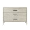 Three drawer whitewood bedside table with brown metal handles