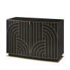 A spectacular, Art-Deco-inspired decorative chest by Theodore Alexander with overlapping, brass inlay arches and deep ebony doors