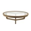 Circle, large, natural wood coffee table with glass table top