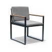 Industrial style sleek dining chair with wooden arms and customisable upholstered seat and back cushions