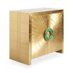 A dazzling, luxurious cabinet with a brass finish and natural malachite inlaid handles