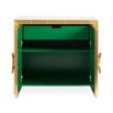 A dazzling, luxurious cabinet with a brass finish and natural malachite inlaid handles