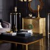 A dazzling, luxurious cabinet with a brass finish and natural malachite inlaid handles