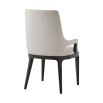 A stylish dining chair with a scooped back, padded seat, tapered legs and a gorgeous grey upholstery 