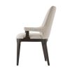 A stylish dining chair with a scooped back, padded seat, tapered legs and a gorgeous grey upholstery 
