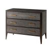 A luxurious chest with three textured drawers covered in embossed leather and finished with brushed brass handles