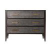 A luxurious chest with three textured drawers covered in embossed leather and finished with brushed brass handles