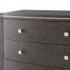 A tall chest of drawers with a luxury design featuring embossed leather, tapered legs and polished nickel adornments