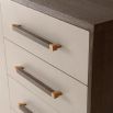 Elegant cabinet with grey leather and brown wood finish