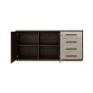 Elegant cabinet with grey leather and brown wood finish