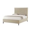 A modern bed with a soft and padded, deep buttoned back and upholstered cream finish 