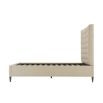 A modern bed with a soft and padded, deep buttoned back and upholstered cream finish 