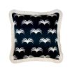 A gorgeous dark blue cushion with a white pattern and elegant fringe