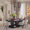 Upholstered dining chair with classic silhouette and black wooden legs