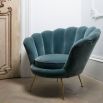 Turquoise art-deco inspired chair with shell design back and gold legs