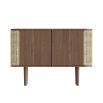 A luxurious dark brown oak and cane cabinet with rattan detailing 