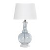 Blue glass table lamp with white silk shade