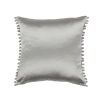 A gorgeous cushion with a grey velvet and satin finish complete with fabulous fringing and an embroidered pattern