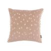 A beautiful cushion by Romo with a pink velvet finish and a cream-coloured satin reverse complete with pompom fringed details