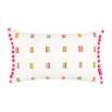 Throw cushion with colourful details and bobbed edging. 