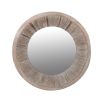 A round and rustic wall mirror crafted from wood 