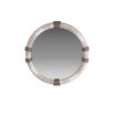 Lime-washed wooden mirror punctuated with bands of bronzed brass