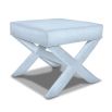 A luxurious bench with x-shaped legs with sky blue upholstery 