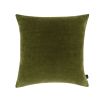 A rich olive green cushion with a soft velvet cover, linen reverse and luxurious feather insert