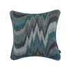 A unique, tapestry-like cushion featuring different hues of blue and grey giving the impression of a beautiful peacock