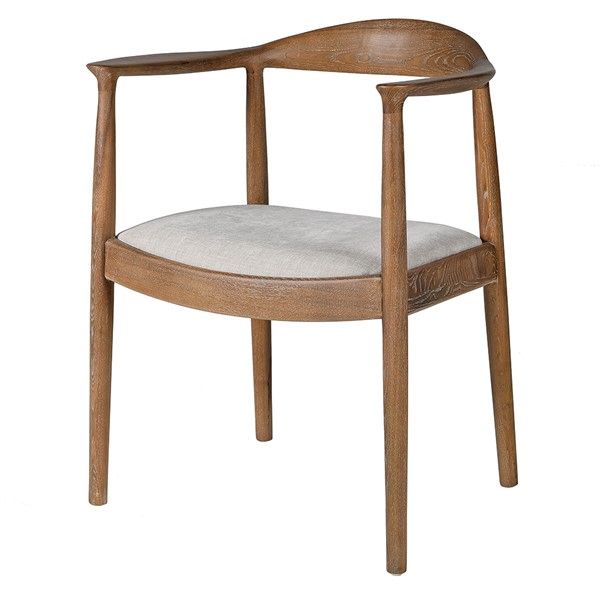 Wooden frame dining chair with curved design and white upholstered seat