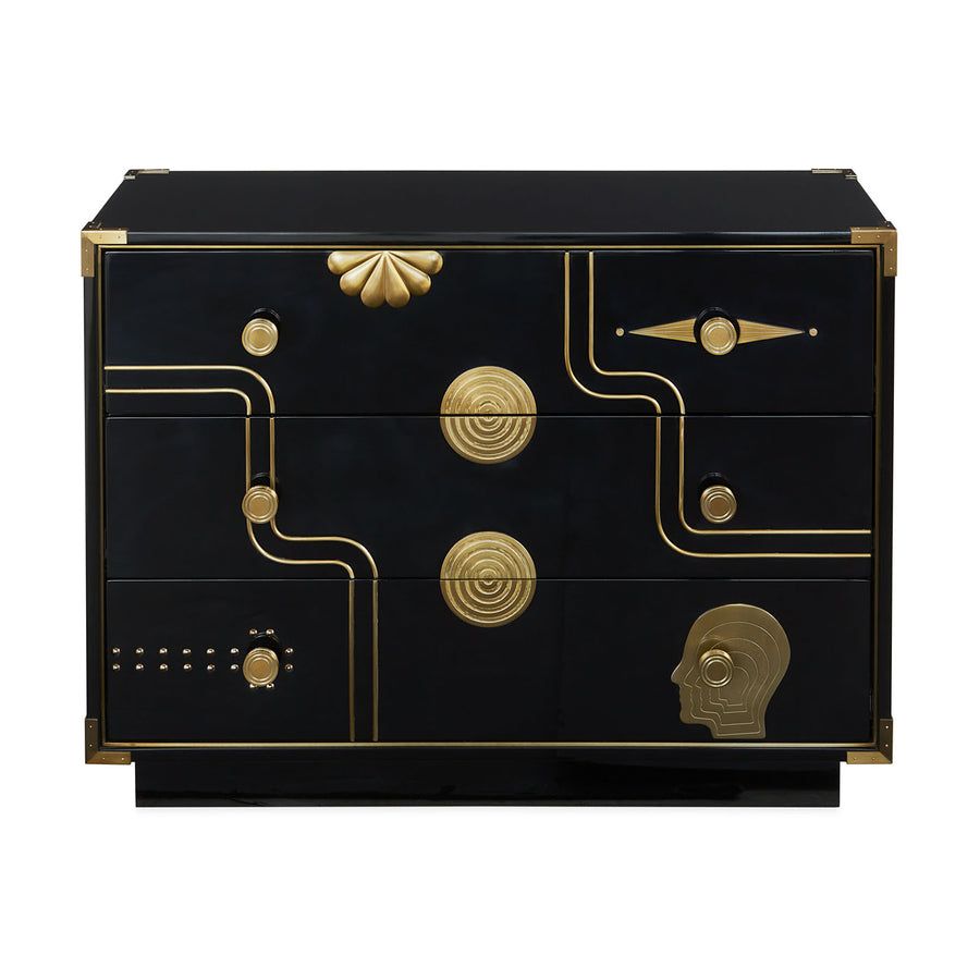 Black three-drawer chest with eclectic gold decorative elements