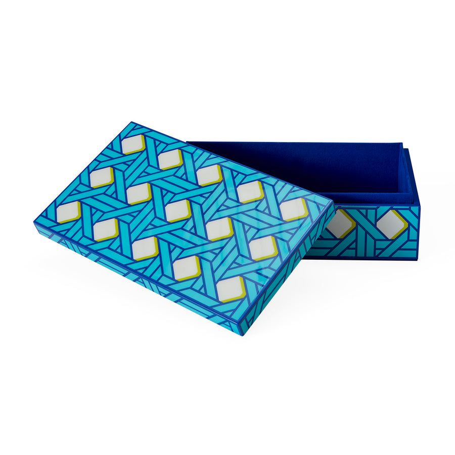 Rectangular box with geometric blue artwork
