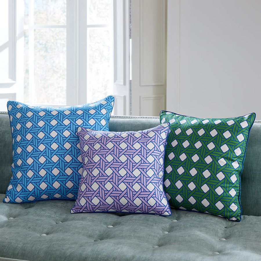 Square cushion with green diagonal print