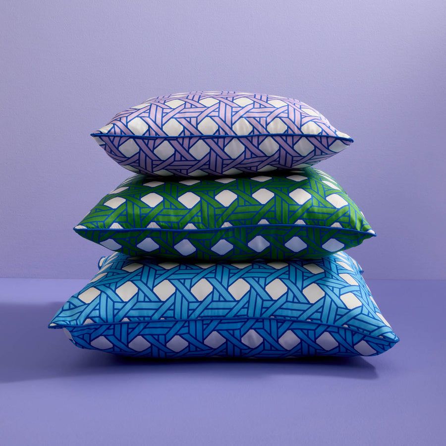 Square cushion with green diagonal print