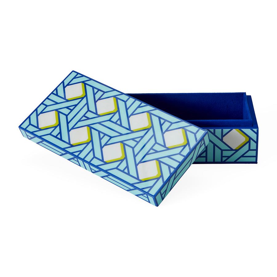 Rectangular box with geometric blue artwork