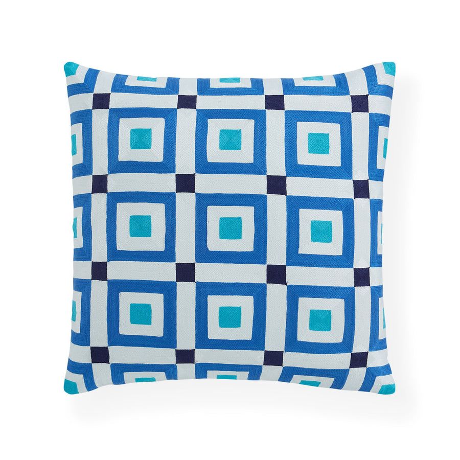 Square multicoloured cushion with geometric artwork