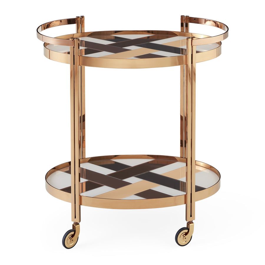 The Chambeige Bar Cart features back-painted glass shelves in a captivating Chambeige hue, framed by polished brass for a glamorous touch.