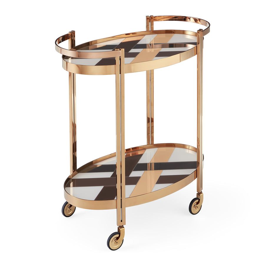 The Chambeige Bar Cart features back-painted glass shelves in a captivating Chambeige hue, framed by polished brass for a glamorous touch.