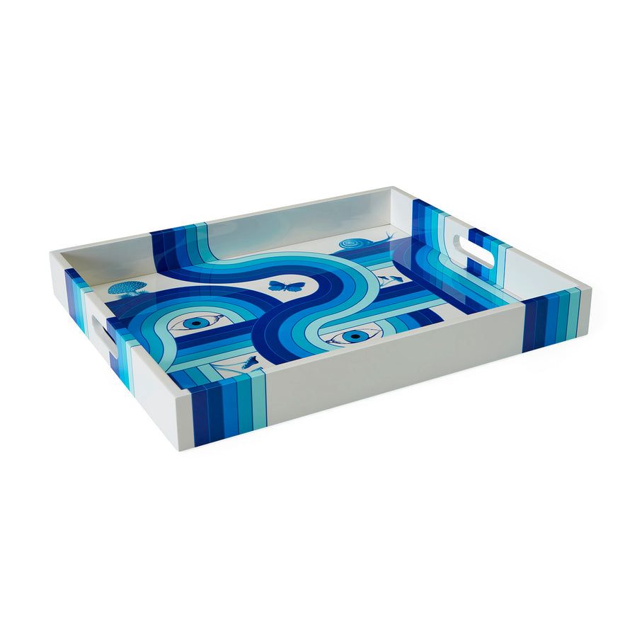 Shiny tray with blue abstract artwork
