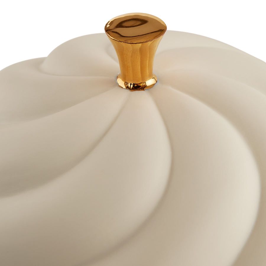 A sculptural, high-fired porcelain box with a luxe gold pull, perfect for adding elegance to any table or space.