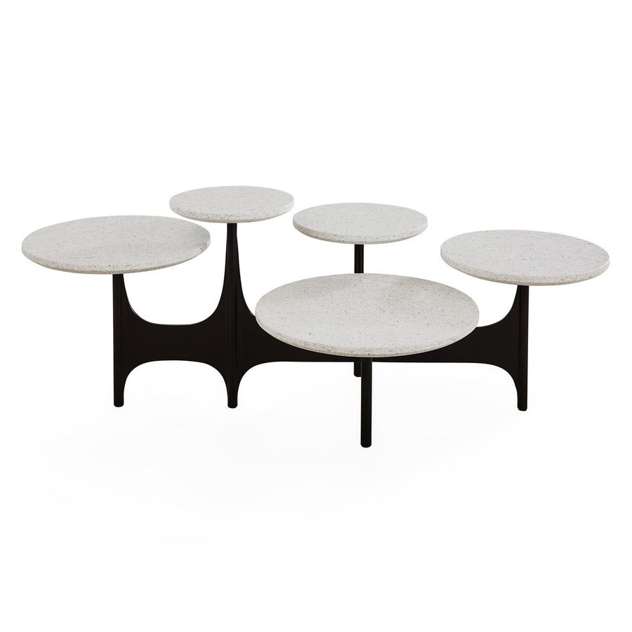 The Milano Cocktail Table combines five terrazzo tabletops with a sculptural steel base, requiring no styling to be the room’s focal point.