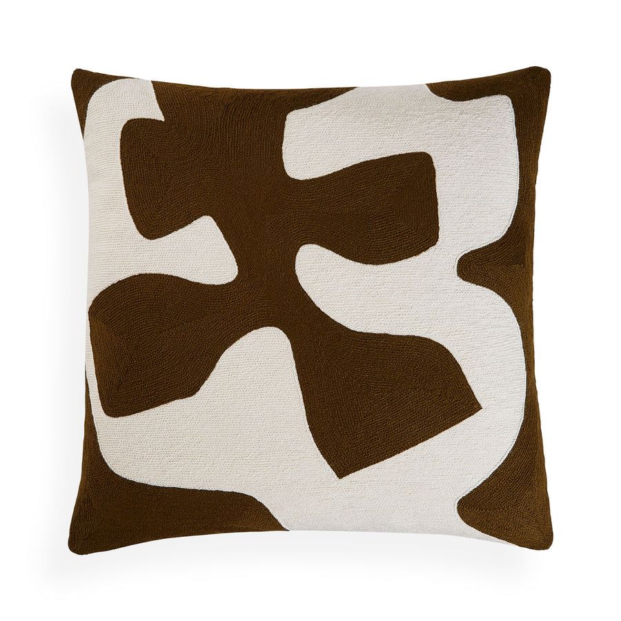 Square cushion with brown and white abstract artwork