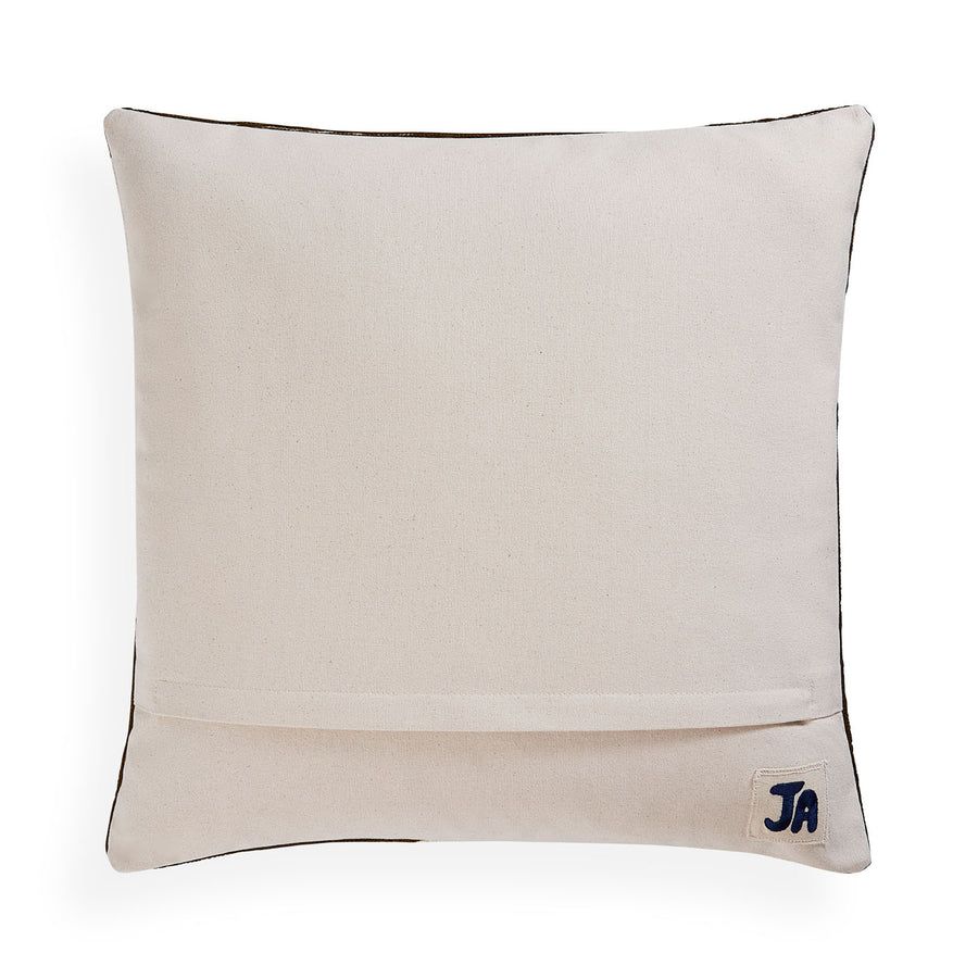 Square cushion with brown and white abstract artwork