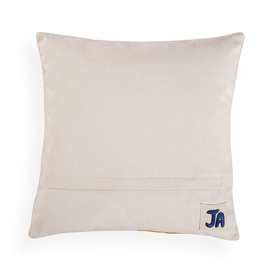 Square cushion with yellow abstract artwork