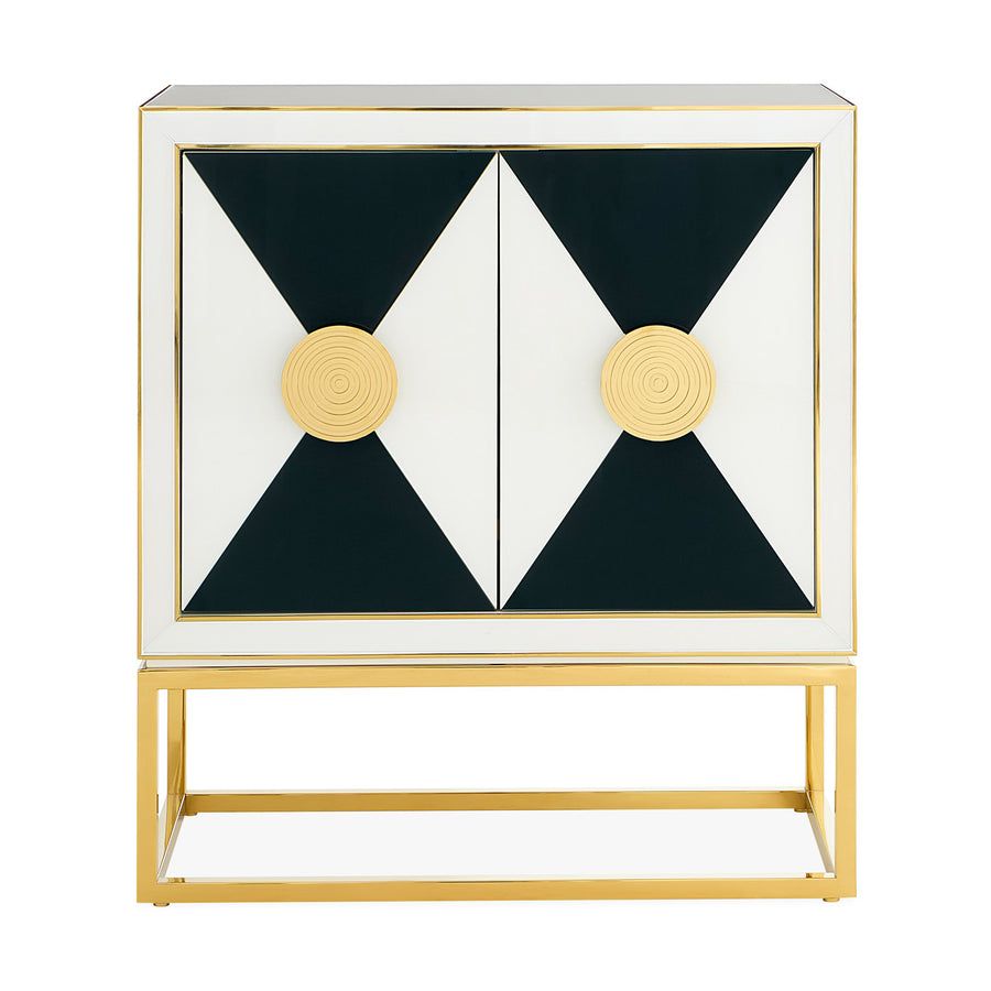 The Op Art Cabinet is a striking modernist piece with back-painted glass panels, polished brass accents, and adjustable interior shelving for functional elegance.