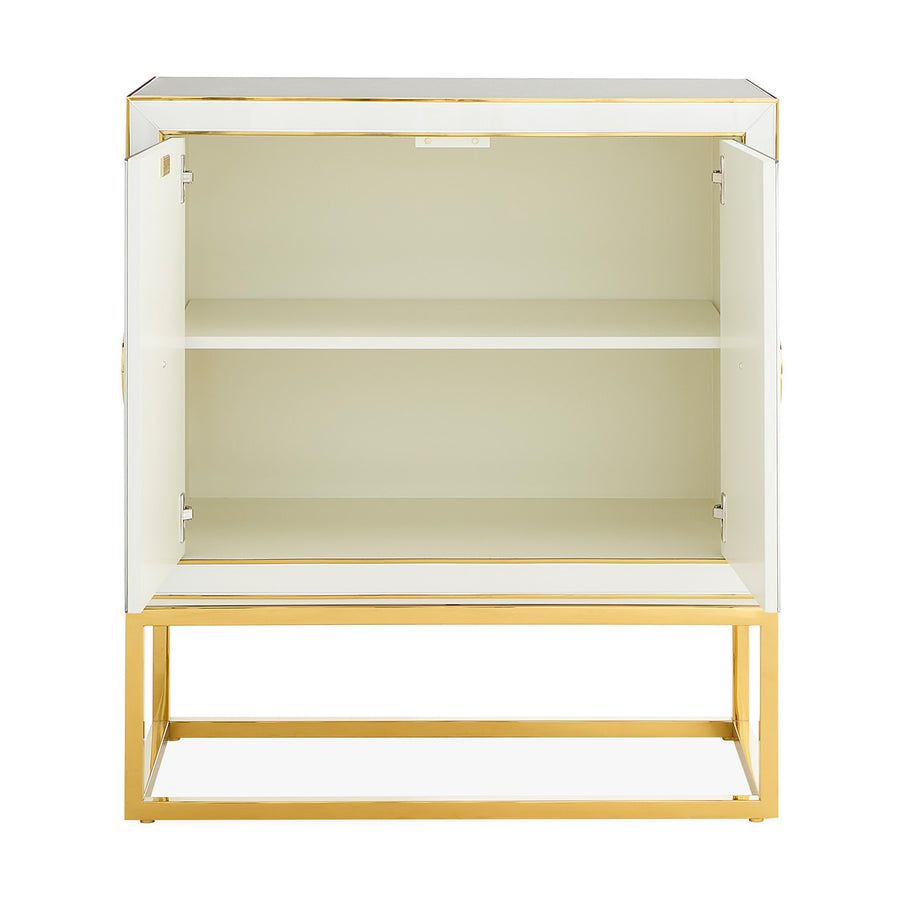 The Op Art Cabinet is a striking modernist piece with back-painted glass panels, polished brass accents, and adjustable interior shelving for functional elegance.