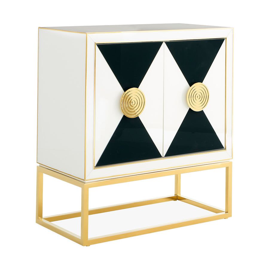 The Op Art Cabinet is a striking modernist piece with back-painted glass panels, polished brass accents, and adjustable interior shelving for functional elegance.