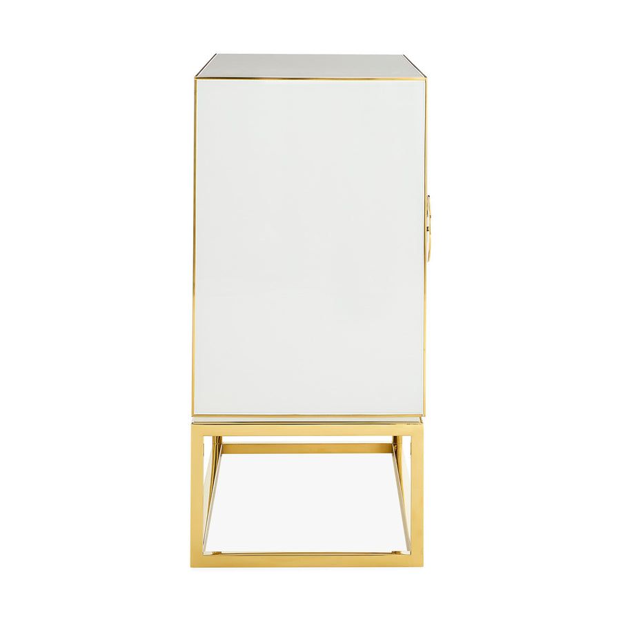 The Op Art Cabinet is a striking modernist piece with back-painted glass panels, polished brass accents, and adjustable interior shelving for functional elegance.