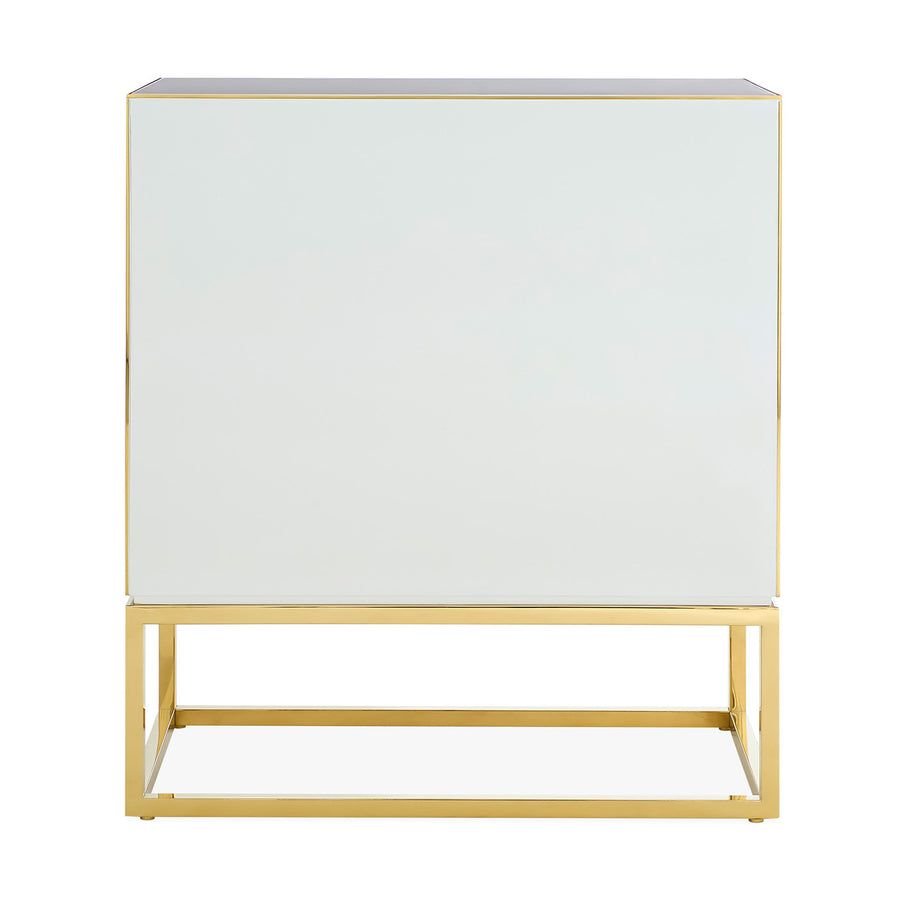 The Op Art Cabinet is a striking modernist piece with back-painted glass panels, polished brass accents, and adjustable interior shelving for functional elegance.