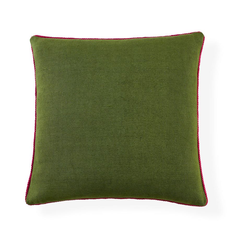 Green cushion with pink artwork